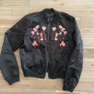 Boohoo Black Bomber Jacket with Cherry Blossoms Floral Embroidery